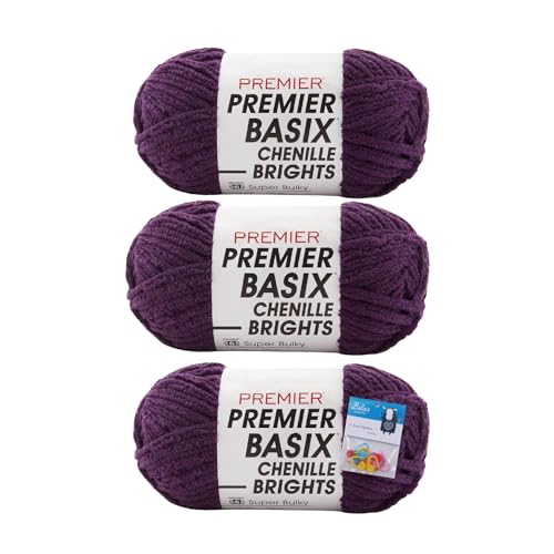 Premier Yarns Basix Chenille Brights Garn – 150 g – # 6 Super Bulky Weight – 3er-Pack Bündel mit Bella's Crafts Maschenmarkierern (Aubergine) von Bella's Crafts