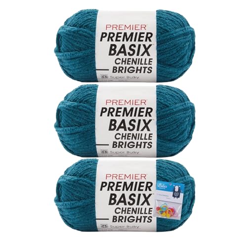 Premier Yarns Basix Chenille Brights Garn – 150 g – # 6 Super Bulky Weight – 3er-Pack Bündel mit Bella's Crafts Maschenmarkierern (Blaugrün) von Bella's Crafts