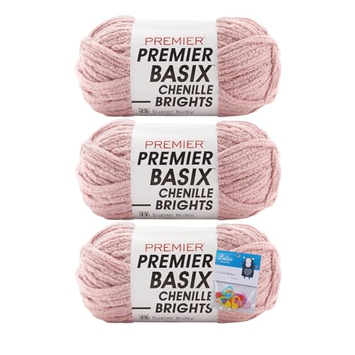 Premier Yarns Basix Chenille Brights Garn – 150 g – #6 Super Bulky Weight – 3er-Pack Bündel mit Bella's Crafts Maschenmarkierern (Blush) von Bella's Crafts