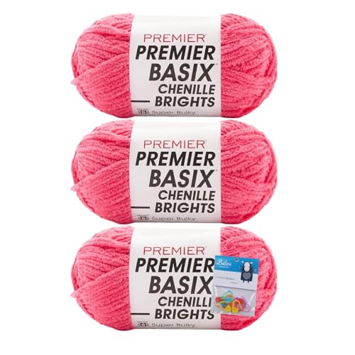 Premier Yarns Basix Chenille Brights Garn, 150 g pro Knäuel, 6 super sperrig, grob, 3er-Pack Bündel mit Bella's Crafts Maschenmarkierern (Hibiskus) von Bella's Crafts