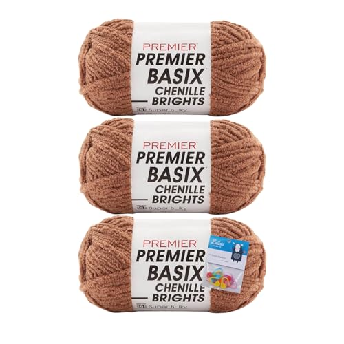 Premier Yarns Basix Chenille Brights Garn – 150 g – #6 Super Bulky Weight – 3er-Pack Bündel mit Bella's Crafts Maschenmarkierern (Karamell) von Bella's Crafts