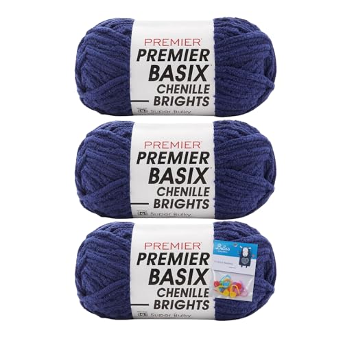 Premier Yarns Basix Chenille-Garn, 150 g pro Knäuel, 6 super sperrig, grob, 3er-Pack, Bündel mit Bella's Crafts Maschenmarkierern, Marineblau von Bella's Crafts