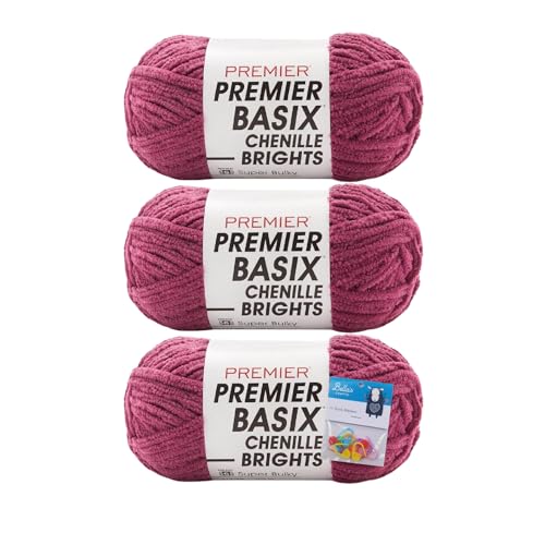 Premier Yarns Basix Chenille Brights Garn – 150 g – #6 Super Bulky Weight – 3er-Pack Bündel mit Bella's Crafts Maschenmarkierern (Orchidee) von Bella's Crafts