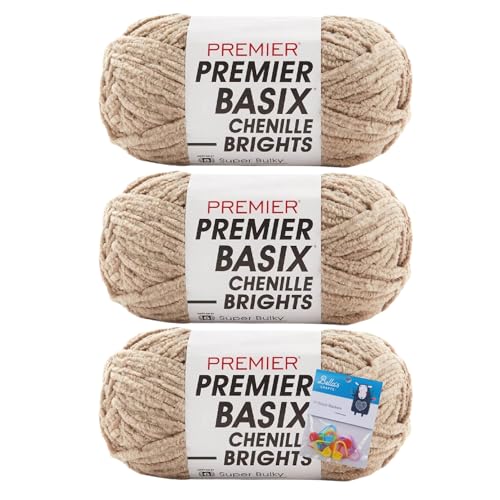 Premier Yarns Basix Chenille Brights Garn – 150 g – #6 Super Bulky Weight – 3er-Pack Bündel mit Bella's Crafts Maschenmarkierern (Sand) von Bella's Crafts