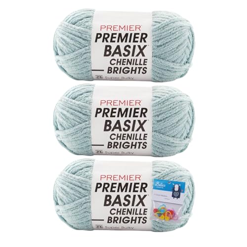 Premier Yarns Basix Chenille-Garn, 150 g pro Knäuel, 6 super sperrig, grob, 3er-Pack, Bündel mit Bella's Crafts Maschenmarkierern (Meeresschaum) von Bella's Crafts