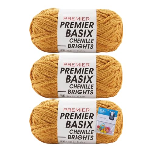 Premier Yarns Basix Chenille Brights Garn – 150 g – #6 Super Bulky Weight – 3er-Pack Bündel mit Bella's Crafts Maschenmarkierern (Senf) von Bella's Crafts