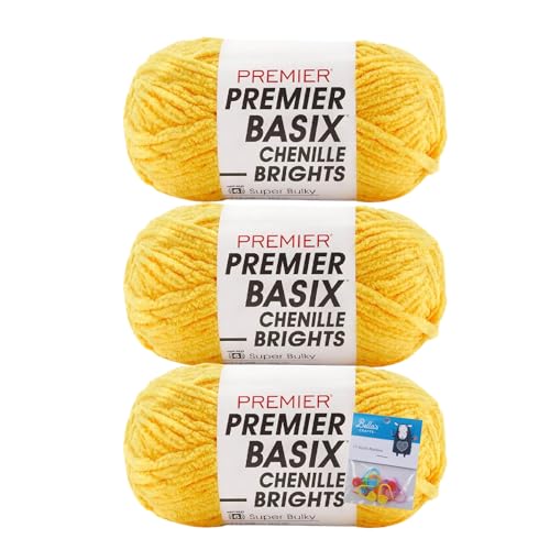 Premier Yarns Basix Chenille Brights Garn, 150 g pro Knäuel, 6 super sperrig, 3er-Pack Bündel mit Bella's Crafts Maschenmarkierern, Zitronengelb von Bella's Crafts