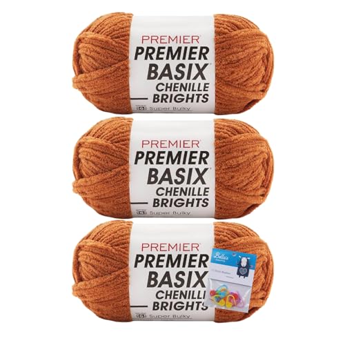 Premier Yarns Basix Chenille Brights Garn – 150 g – #6 Super Bulky Weight – 3er-Pack Bündel mit Bella's Crafts Maschenmarkierern (rost) von Bella's Crafts