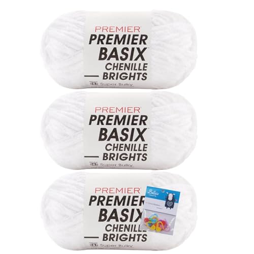 Premier Yarns Basix Chenille Brights Garn, 150 g pro Knäuel, 6 super sperrig, grob, 3er-Pack, Bündel mit Bella's Crafts Maschenmarkierern, Weiß von Bella's Crafts