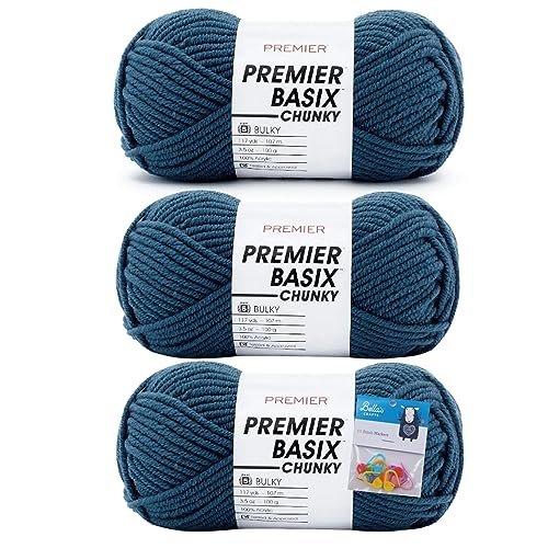 Premier Yarns Basix Chunky Garn – 100 g – #5 sperriges Gewicht – Bündel mit Bella's Crafts Maschenmarkierern (Heritage Blue) von Bella's Crafts