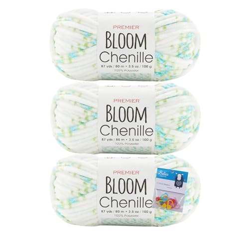 Premier Yarns Bloom Chenille-Garn – 100 g – # 6 Super Bulky Weight – 3er-Pack Bündel mit Bella's Crafts Maschenmarkierern (Forget Me Not) von Bella's Crafts