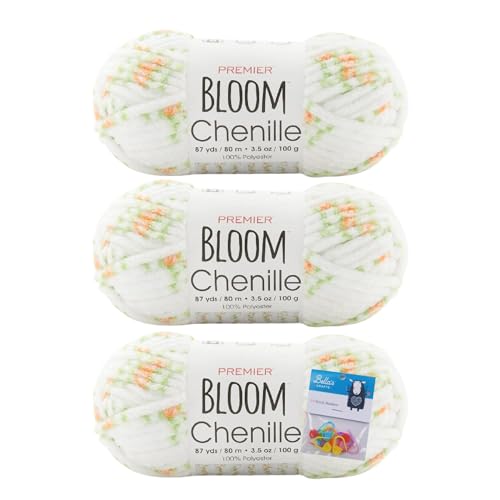 Premier Yarns Bloom Chenille-Garn – 100 g – # 6 Super Bulky Weight – 3er-Pack Bündel mit Bella's Crafts Maschenmarkierern (Ringelblume) von Bella's Crafts