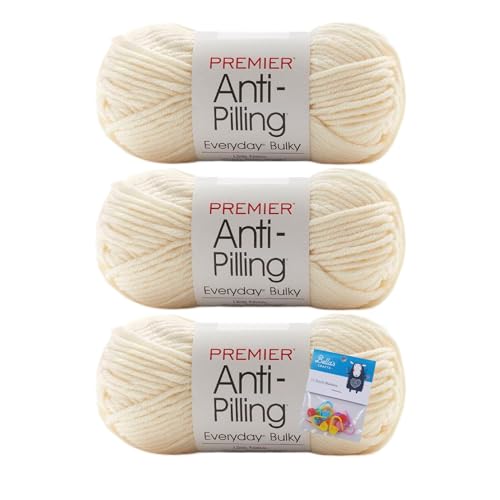 Premier Yarns Everyday Bulky Anti-Pilling-Garn, grob, 100 g, #6 super sperriges Gewicht, 3er-Pack Bündel mit Bella's Crafts Maschenmarkierern, cremefarben von Bella's Crafts