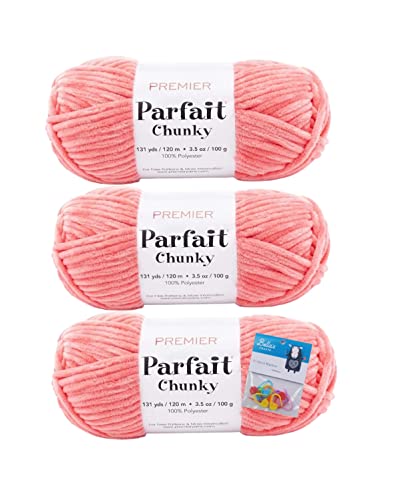 Premier Yarns Parfait Chunky-Chenille-Garn, 100 g, 6 Stück, super sperrig, 3er-Pack, Bündel mit Bella's Crafts Maschenmarkierern (Koralle) von Bella's Crafts