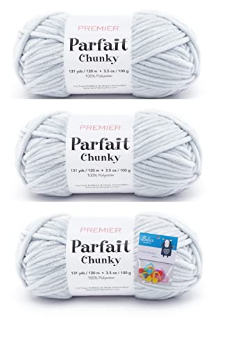 Premier Yarns Parfait Chunky-Chenille-Garn, 100 g, 6 Stück, super sperrig, 3er-Pack Bündel mit Bella's Crafts Maschenmarkierern, Hellgrau von Bella's Crafts