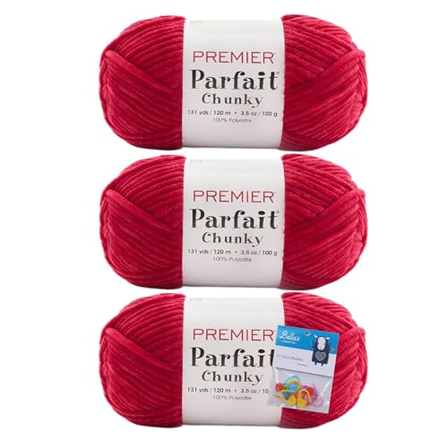 Premier Yarns Parfait Chunky-Chenille-Garn, 100 g, 6 super sperriges Gewicht, 3er-Pack Bündel mit Bella's Crafts Maschenmarkierern (Candy Apple) von Bella's Crafts