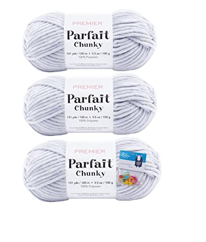 Premier Yarns Parfait Chunky-Chenille-Garn, 100 g, 6 super sperriges Gewicht, 3er-Pack Bündel mit Bella's Crafts Maschenmarkierern (Cloudy Day) von Bella's Crafts