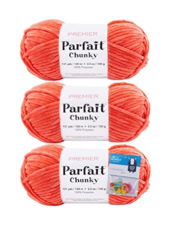 Premier Yarns Parfait Chunky-Chenille-Garn, 100 g, 6 super sperriges Gewicht, 3er-Pack Bündel mit Bella's Crafts Maschenmarkierern (Mango) von Bella's Crafts