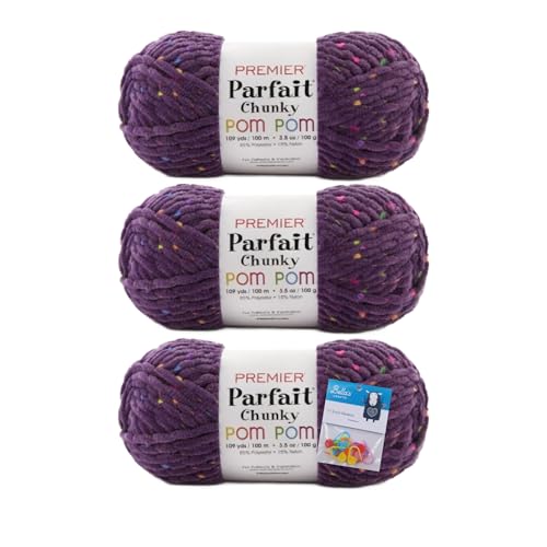 Premier Yarns Parfait Chunky Pom Pom Garn, 100 g, #6 super sperrig, 3er-Pack Bündel mit Bella's Crafts Maschenmarkierern (Ultraviolett) von Bella's Crafts