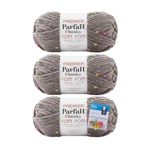 Premier Yarns Parfait grobes Pompom-Garn, 100 g, #6 super sperrig, 3er-Pack Bündel mit Bella's Crafts Maschenmarkierern (Discokugel), POM001 von Bella's Crafts