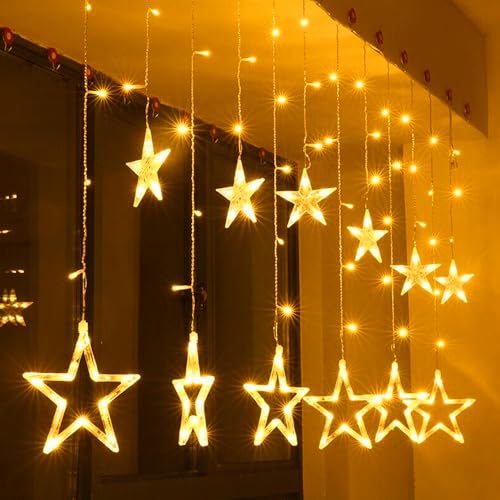 BellaAchtung Sterne Lichterkette Vorhang 2.3M 138 LED Lichtervorhang Weihnachten Licht mit Stecker Warmweiß LED Sternevorhang Fenster innen außen dekoration von BellaAchtung