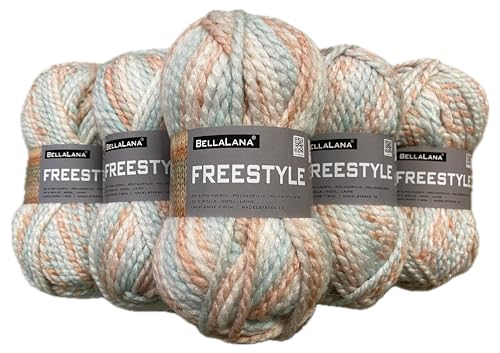 Wollkontor, BellaLana FREESTYLE, 80% Polyacryl, 20% Wolle, 5x100g, Längsknäuel, Lauflänge: ca. 60m, Nadelstärke: 10,0mm (lachs-mint-weiß) von BellaLana