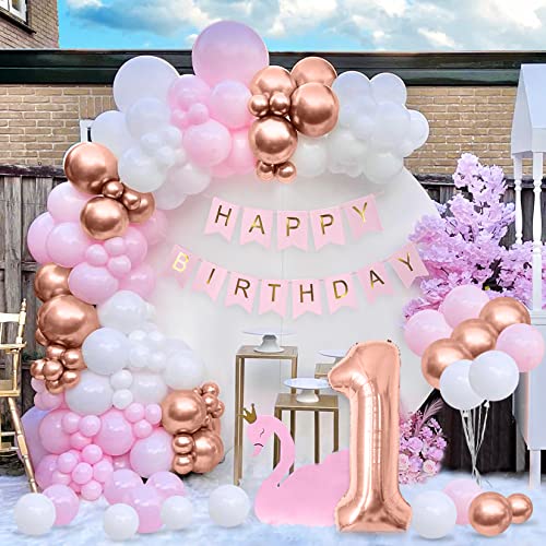 1. Geburtstag Deko Rosa, 1 Jahr Geburtstagsfeier für Mädchen, 1. Geburtstagdeko Ballons Rosa Weiß Rosegold, Happy Birthday Banner Deko, 1. Geburtstag Konfetti Luftballons, Birthday Party Dekorationen von Bellatoi