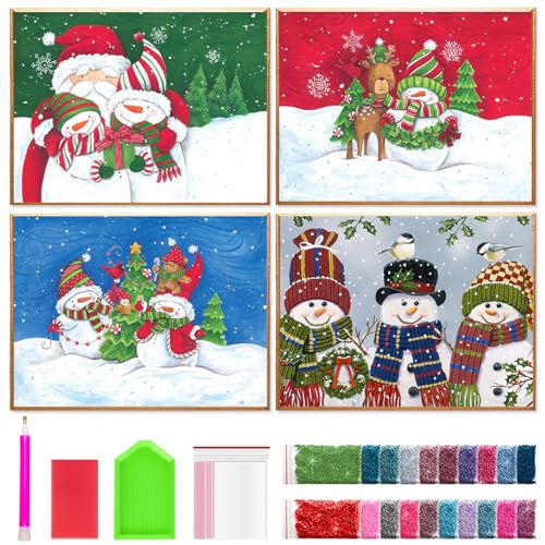 4 Stück Diamond Painting Weihnachten, 5D Diamant Painting Schneemann, Diamond Painting Winter, Diamant Painting Bilder Kinder und Erwachsene, Diamant Malerei für Schlafzimmer Wohnzimmer Wand Deko von Bellatoi