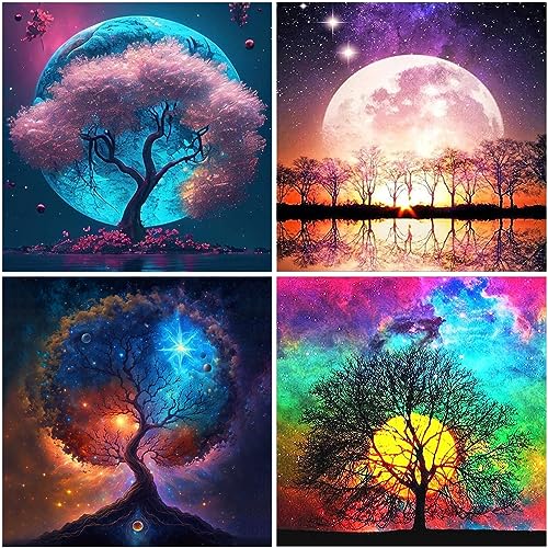 Bellatoi Diamond Painting Set für Erwachsene Kinder, 4 Stück Diamant Painting Bilder Mond, DIY Diamond Painting Baum des Lebens für Haus, Wand Und Eingang Dekorationen von Bellatoi