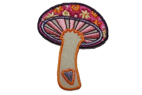 Pilz 5,4 cm * 6,9 cm Bügelbild rosa Blumen Aufnäher Applikation Fliegenpilz von Belldessa