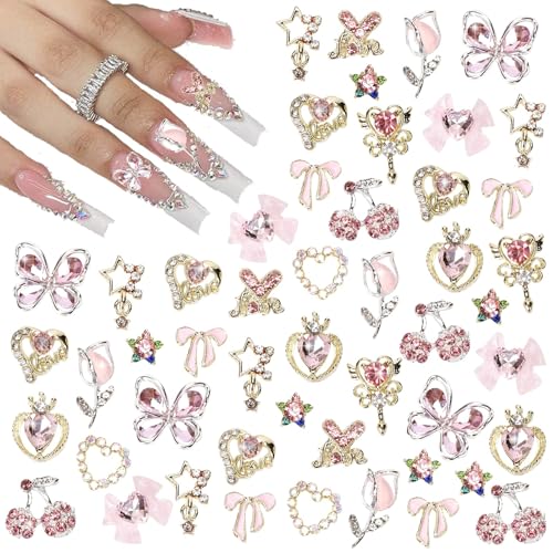 BelleVive 24 Stück Nagel-Charms, Y2k-Legierung, Nail Art, Strass-Charms, 3D-Herz, Stern, Schleife mit Strasssteinen, Kirsch-Nagel-Edelsteine, glänzender Schmuck, Nageldekorationen, Zubehör von BelleVive