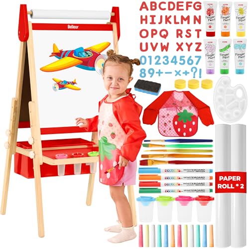 Belleur 3 in 1 Staffelei Kinder von 2–8 Jahren, Verstellbare Standtafel aus Holz, Doppelseitige Kindertafel mit Tafel und Whiteboard, Fingerfarben, Papierrolle, über 100 Zubehörteile von Belleur