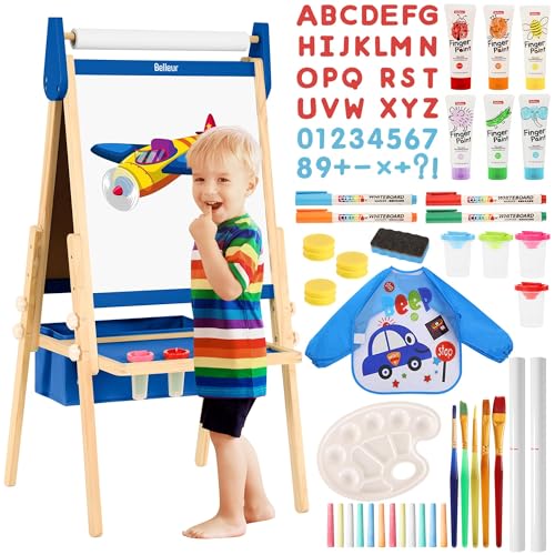 Belleur All-in-One Staffelei für Kinder mit 2 Papierrollen, Deluxe-Zubehör, Verstellbares Magnetisches Doppelseitiges Kinder Tafel mit Kreide und Magnet, Tafel für Kinder 2-8 Jahren von Belleur