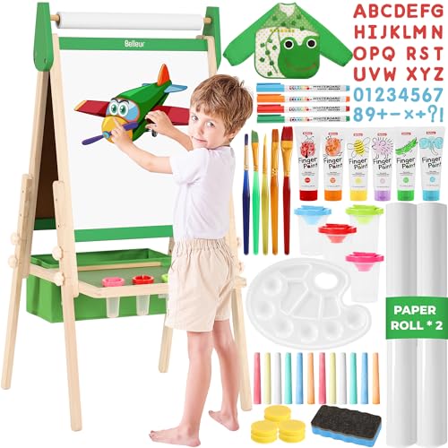 Belleur All-in-One Staffelei für Kinder mit 2 Papierrollen, Deluxe-Zubehör, Verstellbares Magnetisches Doppelseitiges Kindertafel mit Kreide und Magnet, Tafel für Kinder 2-8 Jahren von Belleur