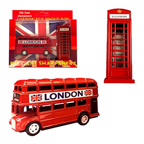 London Souvenir Bleistiftspitzer-Set, Druckguss-Metall, Londoner Bus und Telefonzelle, britisches Souvenir, 2 Stück von Bells Box