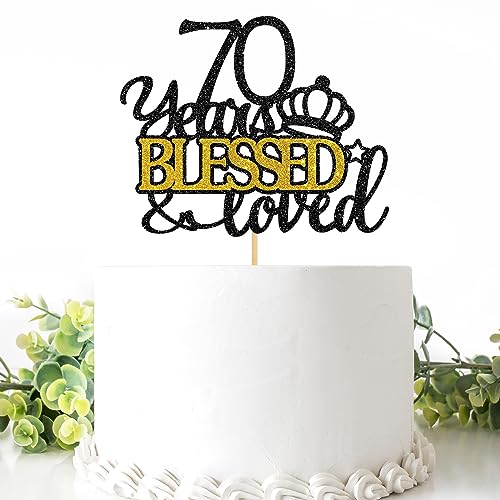 Belrew 70 Years Blessed & Loved Cake Topper, für 70th Birthday Cake Topper, 70th Wedding Anniversary Party Supplies, Glitzer Schwarz & Gold von Belrew