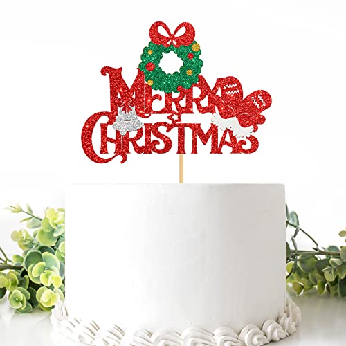 Belrew Merry Christmas Cake Topper, Neujahr Weihnachten Urlaub Party Supplies, Weihnachten Thema Party Dekorationen, Glitzer Rot von Belrew