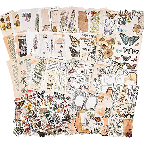 200 Stück Vintage Scrapbooking Papier Washi Stickers Set Aufkleber Scrapbook Zubehör Retro Bastelpapier Gras-Bäumeserie-Thema für DIY Journaling Fotoalbum Notizbuch Kalender von Belugsin