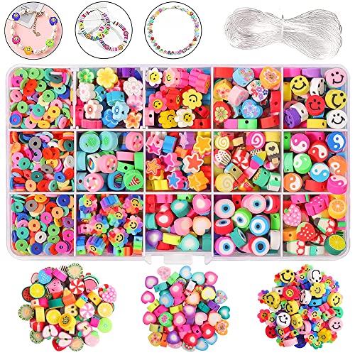 990 Stück Smiley Polymer Clay Beads Frucht Perlen Bunte Fädelperlen DIY Armbänder Kette Spacer Beads Kit Bastelset für Armband Haarband Basteln für die Herstellung von Schmuckarmbändern von Belugsin