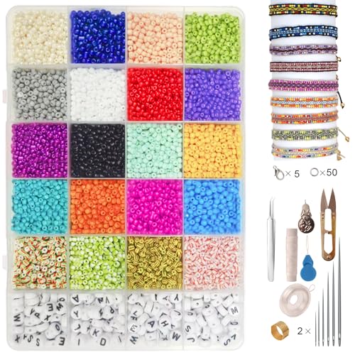 Belugsin 3mm Perlen für Armbänder 21 Farbe Bunte Glasperlen zum Auffädeln 10000 Stück Mini Perlenset Charm Kit mit Buchstabenperlen Armbänder Selber Machen Perlen Set für DIY Bracelet Making Kit von Belugsin