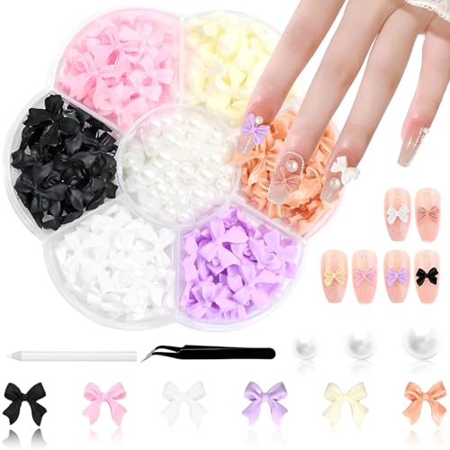 Belugsin 300 Stück Bunte Schleifenknoten Nagel Strasssteine Nägel Charms Schleifen Bowknot Pearls Nail Decorations Schleifen mit Dotting Pen und Pinzette für Nail DIY Nagel Kunst Dekorations von Belugsin