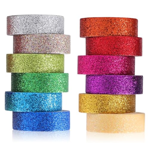 Belugsin 12 Rollen Washi Tape Set Bunte Glitzernde Bänder DIY Papier Tape Dekrativer Klebeband Bastelband für DIY Handwerk, Bullet Journals, Scrapbooking, Planer（15mm x 3m） von Belugsin