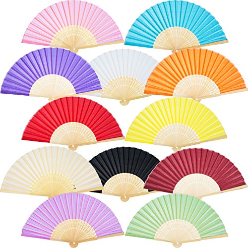 12 Packung Handfächer Silk Bambus Faltfächer Handheld Gefaltet Fan für Kirche Hochzeitsgeschenk, Party Favors, DIY Dekoration (Mehrfarbig) von Bememo