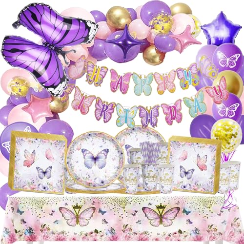 Bemoseng 129 PCS Schmetterling Deko Geburtstag, Butterfly Birthday Decoration Set, Schmetterling Geburtstag Party Geschirr für Mädchen, Schmetterling Tischdecke Teller Becher Servietten Bemoseng 129 PCS Schmetterling Deko Geburtstag, Butterfly Birthday Decoration Set, Schmetterling Geburtstag Party Geschirr für Mädchen, Schmetterling Tischdecke Teller Becher Servietten von Bemoseng