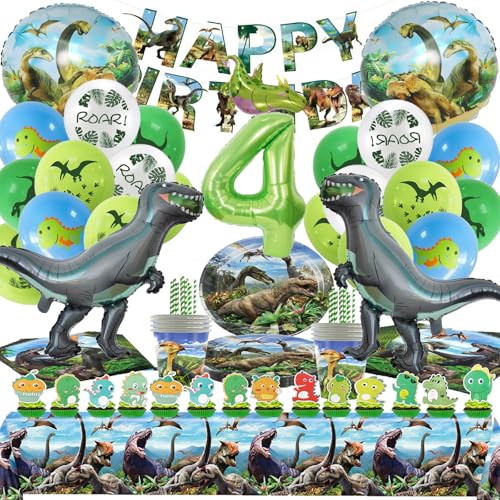 Dino Geburtstag Deko 4 Jahre, Dinosaurier Partygeschirr, Dino Luftballons Geburtstag Deko, Junge Party Pappteller Kindergeburtstag Tischdecke Teller Servietten Luftballons von Bemoseng