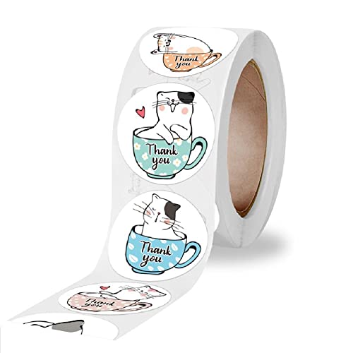 1 Roll / 500 Blatt 6 Designs Süße Katze Danke Aufkleber Runde Cartoon Tierkleber Dichtung Etiketten Für Grußkarten Geschenk Decor Schreibwaren Aufkleber von Bemvp