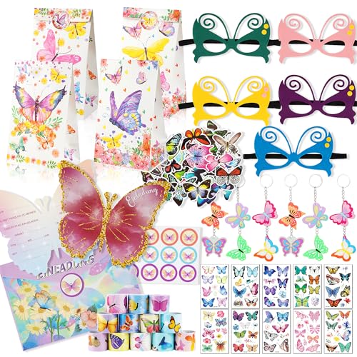 162 STK. Schmetterling Party Mitgebsel Kindergeburtstag Mädchen Papiertüten Einladungskarten Kindergeburtstag Mask Schnapparmband Schlüsselanhänger Tattoos Aufkleber für Geburtstag Party Mädchen von Beneony