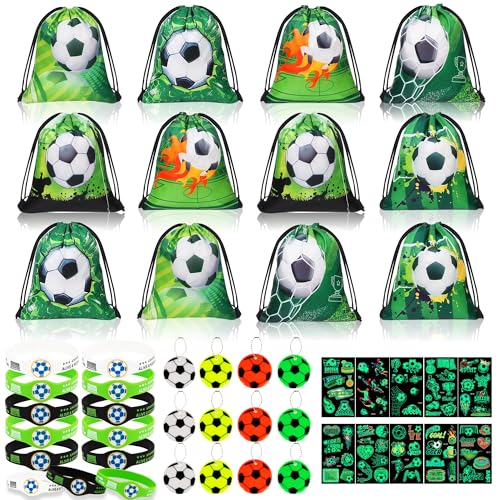 48 STK. Fußball Party Mitgebsel Kindergeburtstag Junge mit Fußball Party Kordelzug Taschen Silikonarmband Schlüsselanhänger Tattoo Aufkleber Fussball Give Aways Kindergeburtstag für Geburtstag Deko von Beneony