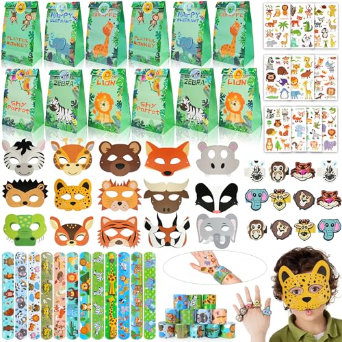 79Stk. Dschungel Safari Party Mitgebsel Kindergeburtstag Gastgeschenke Tiere Geschenktüten, Schnapparmband, Masken, Silikonringe, Temporäre Tattoos Give Aways Kindergeburtstag für Mädchen Jungen von Beneony