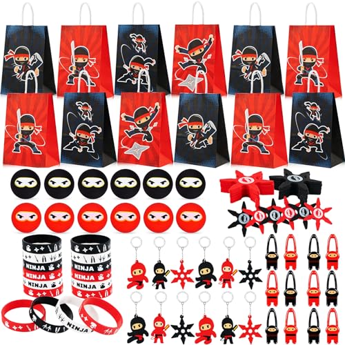 Beneony 72 STK. Ninja Party Mitgebsel Kindergeburtstag Jungen Ninja Hüpfbälle Geschenketüte Silikon Armbänder Fingerschleuder Schlüsselanhänger Give Aways Kindergeburtstag für Kinder von Beneony